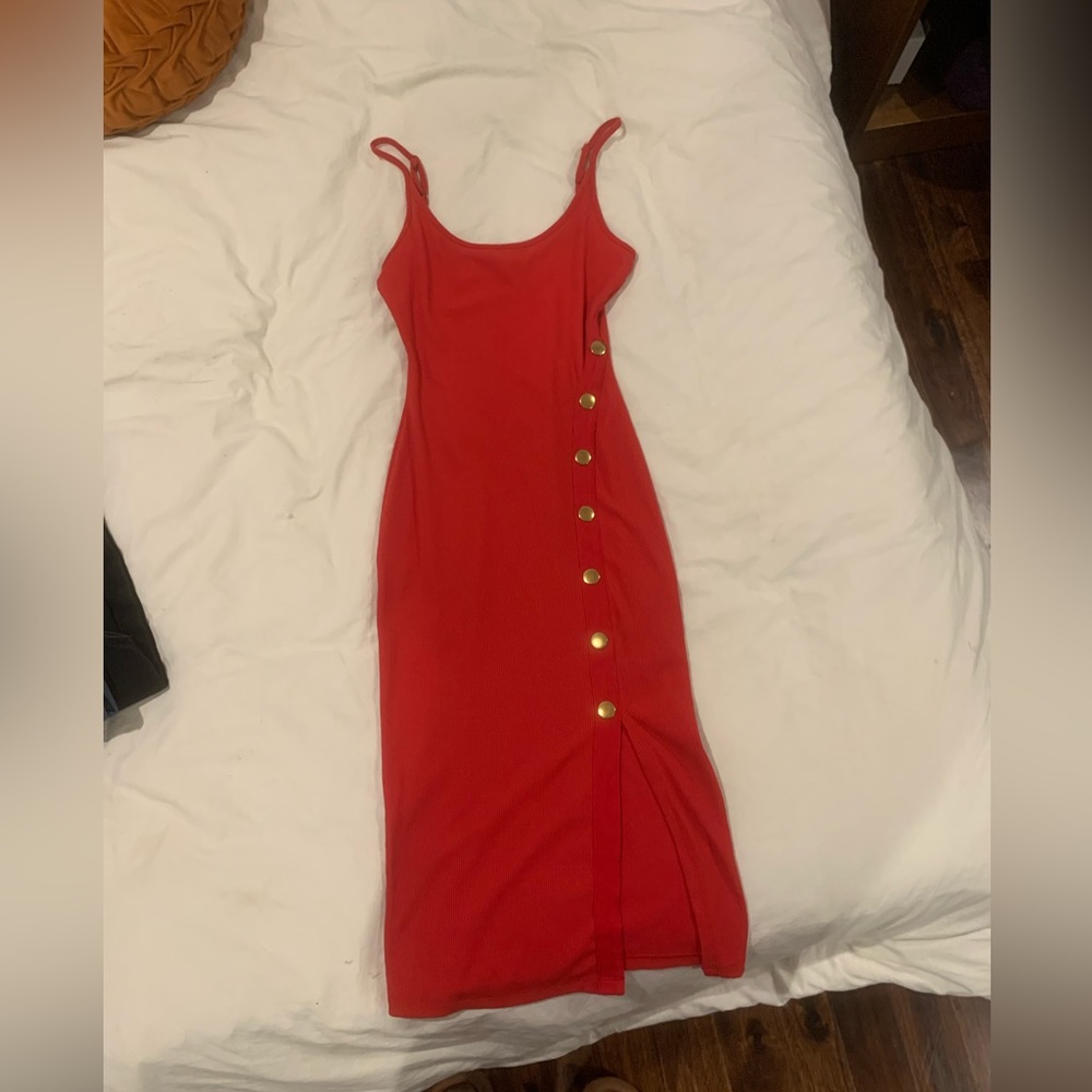 stunning red guess dress with buttons and slit